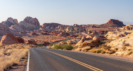 White Domes scenic byway through the dramatic red sandstone formations in Valley of Fire state park Nevada