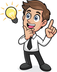Cartoon character with idea pose, light bulb above hand, thinking gesture, inspiration moment, business attire, creative concept illustration