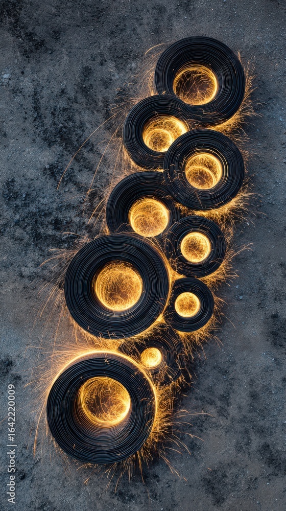 Poster circular patterns of ash and sparks on dark surface in artistic display of light and texture