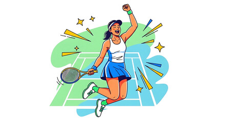 Celebrating victory: A tennis player joyfully jumps on the court with radiating energy showcasing triumph and athletic prowess in a dynamic and vibrant illustration