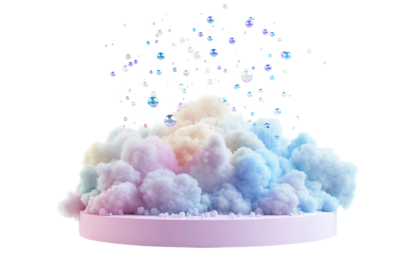 Fluffy pastel cloud bed podium with colorful dreamy atmosphere in a surreal scene isolated on transparent background PNG