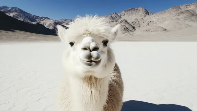 A charming alpaca in a desert landscape, staring directly at the camera. 