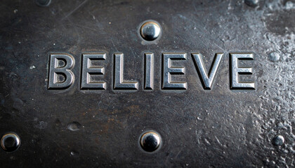 Fototapeta premium Believe in Bold: A close-up shot of the word BELIEVE embossed on a metallic surface, conveying a sense of strength, determination, and conviction.