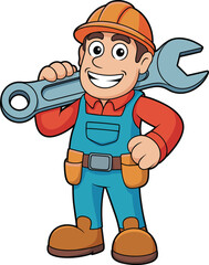 Cartoon construction worker character, smiling mechanic, holding wrench, hard hat, red shirt, blue overalls, brown boots, cheerful job illustration