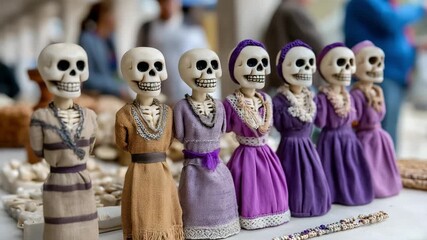 A display of decorative skeletons, each adorned in a traditional dress. 