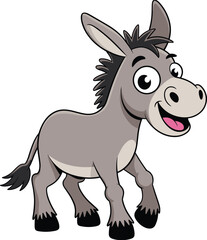 Cartoon donkey, cheerful expression, smiling animal, gray fur, friendly farm character, kids illustration, expressive eyes, animated donkey clipart