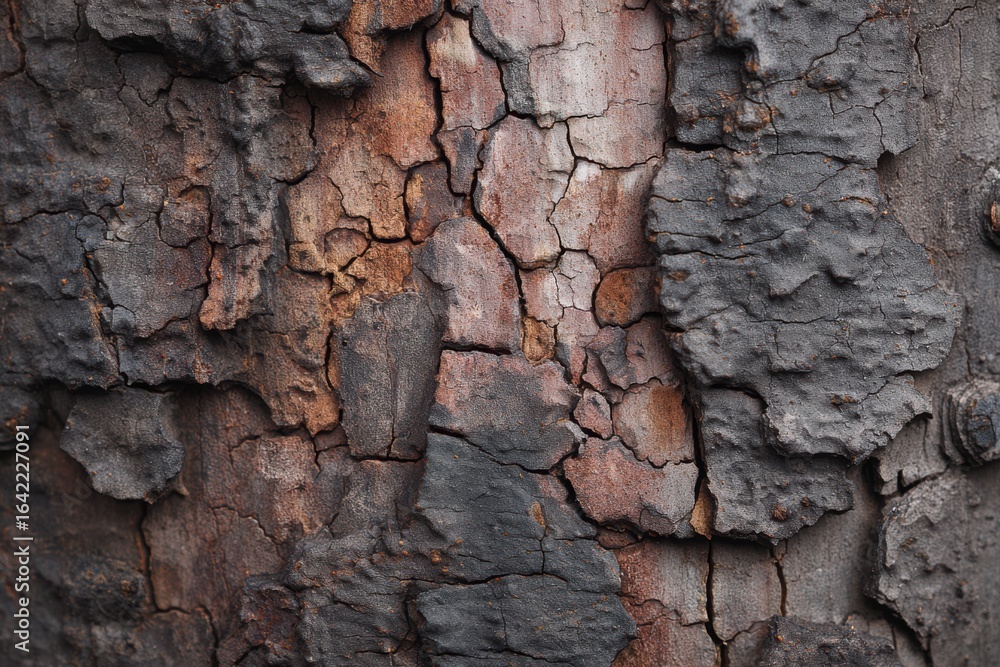 Poster detailed close-up of textured bark surface with natural patterns and color variations in earthy tone