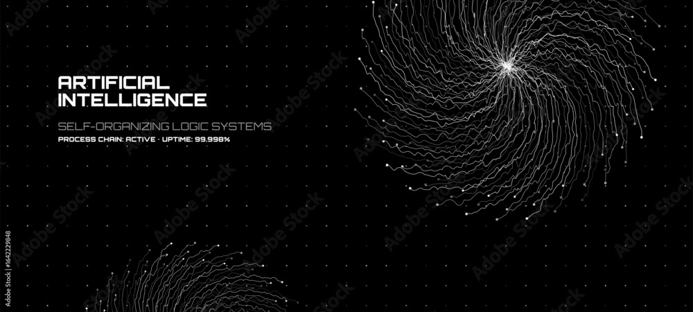 Poster artificial intelligence concept with swirling data lines and text. futuristic self-organizing logic 