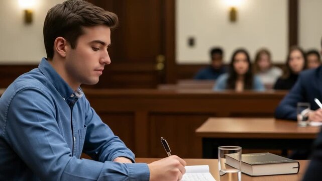 Focused young Caucasian man writing notes in a notebook while sitting at a desk in a courtroom or lecture hall.