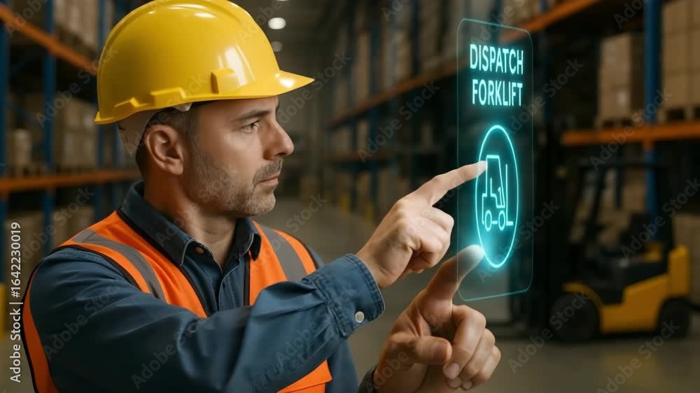 Poster warehouse worker interacting with a digital interface for forklift dispatch.