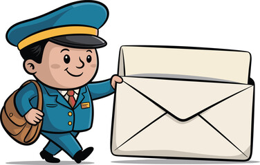 Cartoon mail carrier, blue uniform, oversized envelope, brown satchel, cap, playful delivery character, postal illustration, animated mascot