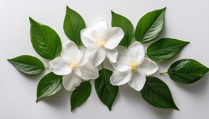 flat lay composition of white jasmine flowers and green leaves on white background