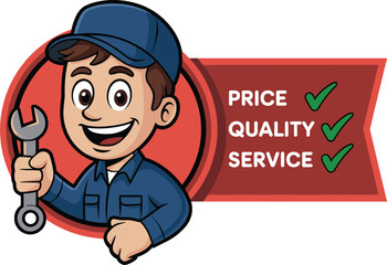 Cartoon mechanic with wrench, blue uniform and cap, red banner with price quality service checkmarks, business promotion illustration