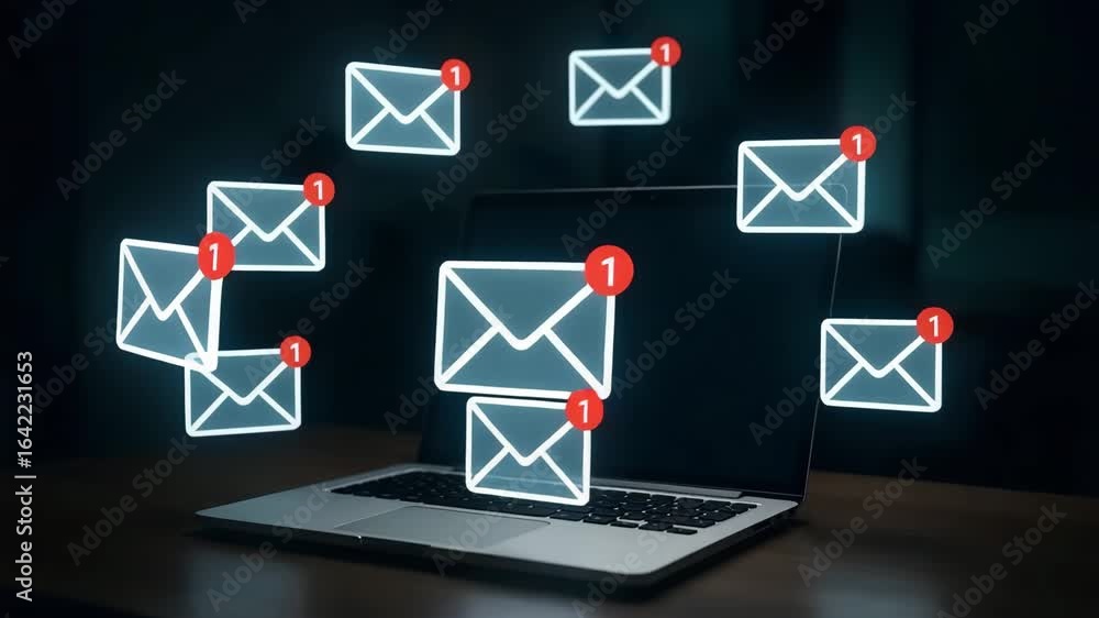 Poster floating email icons erupting from a laptop computer screen.