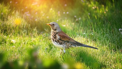 Fototapeta premium fieldfare bird on vibrant green lawn