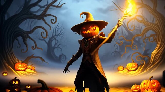 Halloween character with pumpkin head and glowing staff in spooky forest