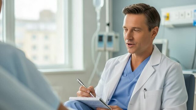 Caring Male Doctor in a White Coat and Scrubs Consults with a Patient in a Bright Hospital Room. He is Listening and Taking Notes.
