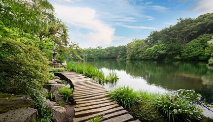 Fototapeta premium explore a tranquil retreat with stepping stones leading through lush vegetation to a peaceful lake offering a perfect blend of nature and relaxation for the viewer