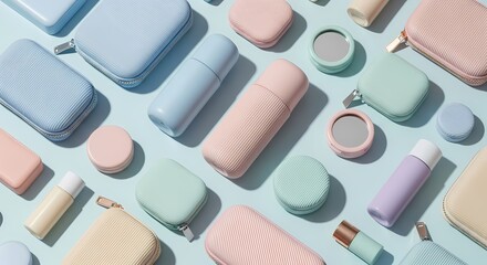 Pastel beauty products flat lay on blue background