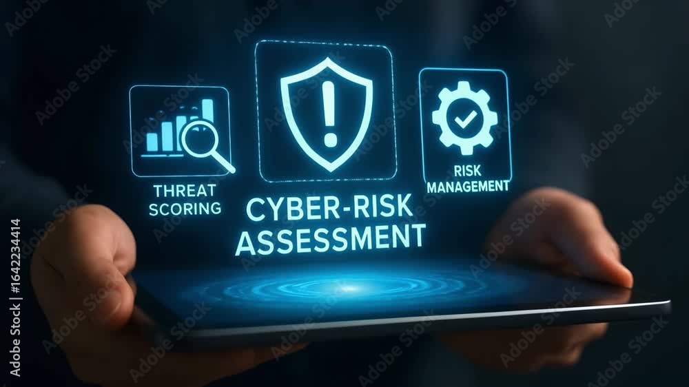 Poster a digital tablet displaying cyber-risk assessment with related icons.