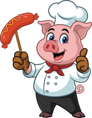 Cartoon pig chef with sausage on stick, white hat, red neckerchief, thumbs up, humorous cooking and food mascot concept
