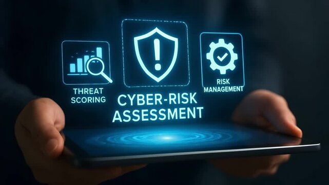 A digital tablet displaying Cyber-Risk Assessment with related icons. 