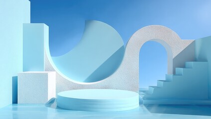 Light blue geometric shapes and archway, digitally rendered scene.