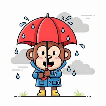 Monkey with umbrella in the rain