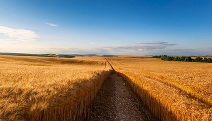 Fototapeta premium endless golden fields stretch out under a clear blue sky where a winding path leads through the rippling grains at golden hour inviting exploration and tranquility