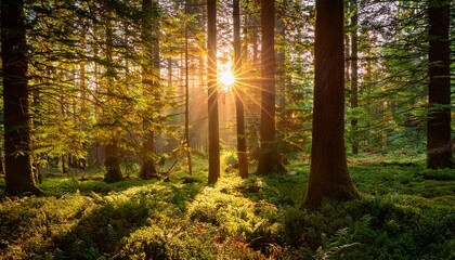Naklejka premium enchanting sunlit forest landscape at serene sunrise or sunset bright golden sunbeams shining through the lush green foliage of a peaceful tranquil woodland scene