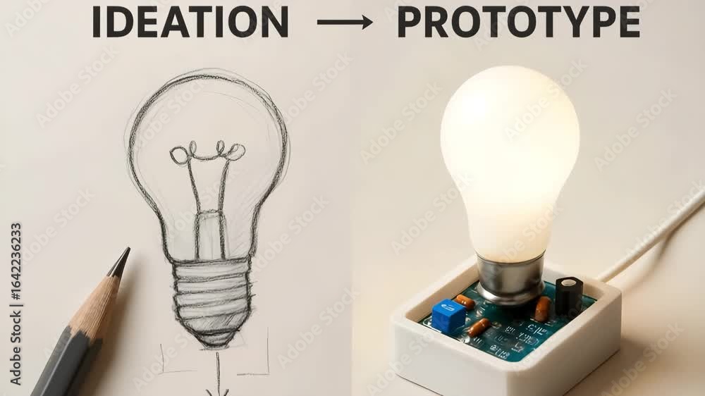 Poster from ideation to prototype: a conceptual depiction of a light bulb's transformation.