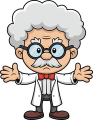 Cartoon scientist character with white hair, lab coat, red bow tie, glasses, mustache, outstretched arms, professor or science concept