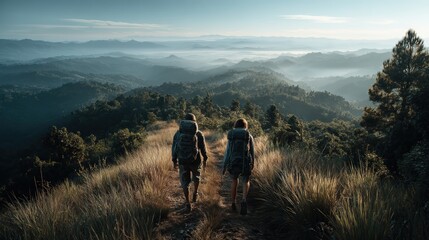 Fototapeta premium Two individuals strolling along a scenic trail in the heart of nature surrounded by vibrant trees and natural beauty