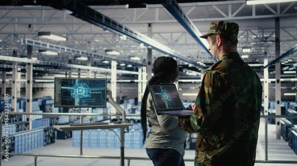 Poster soldier in engineering role uses ai application on laptop to manage server hub systems. army command