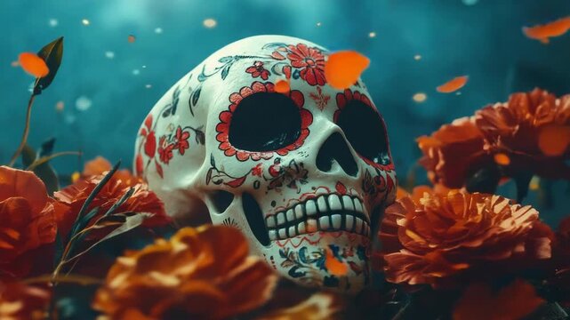 Vibrant Sugar Skull with floral patterns among autumn leaves, symbolizing the Mexican Day of the Dead celebrations.
