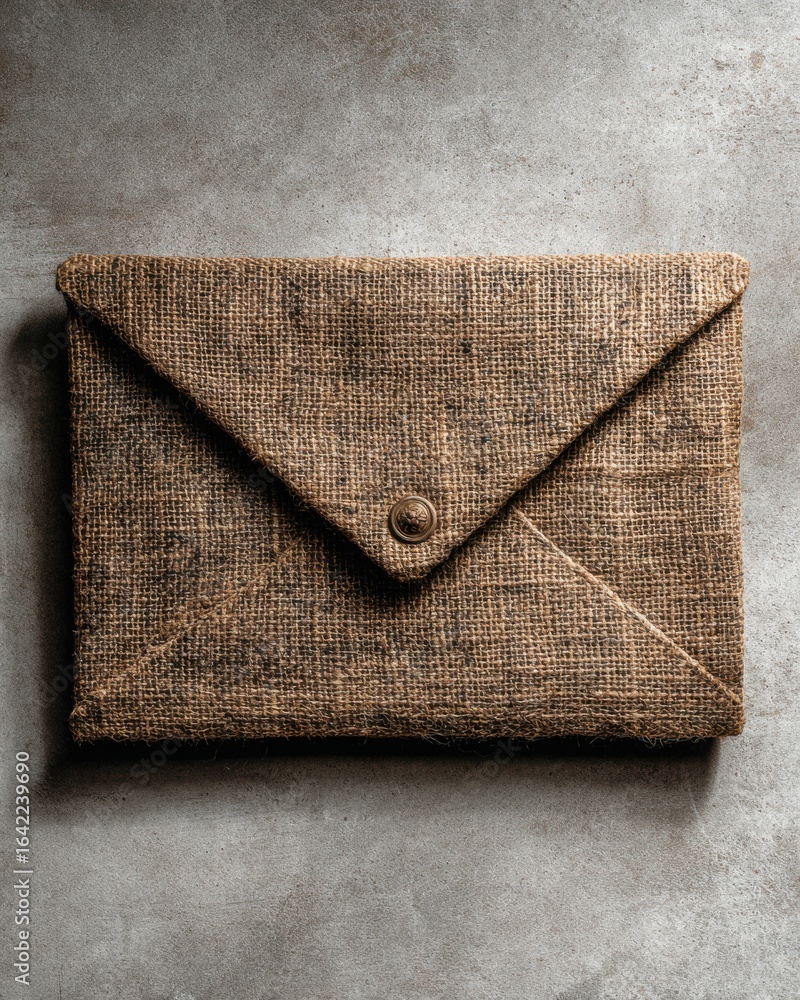 Poster rustic brown envelope with button closure on textured gray background for creative project and brand