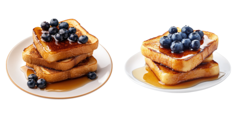 Set of French toasts with maple syrup and blueberry isolated on transparent background