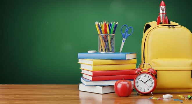 School supplies on desk with backpack and apple