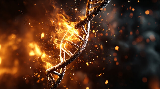 DNA Genetics Fire Molecular Biology Structure Helix Glowing Abstract Explosion Particles Liquid Research Technology Dark Bright Energy Transformation 