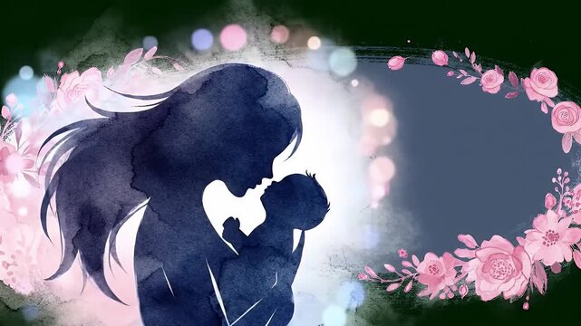 Silhouette of a mother tenderly holding her newborn baby, surrounded by soft floral accents and glowing lights.