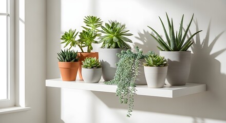 Fototapeta premium Variety of Potted Plants on a White Shelf Home Decor and Interior Design Concept