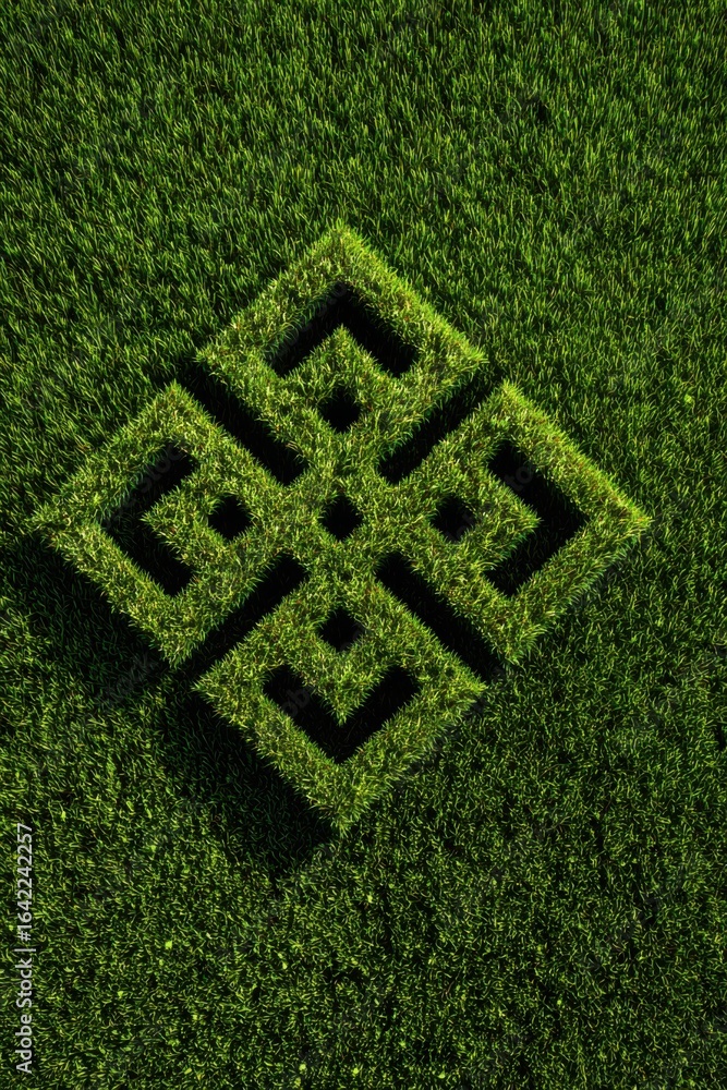 Aufkleber intricate geometric pattern carved into lush green grass surface with shadow effects and symmetrical
