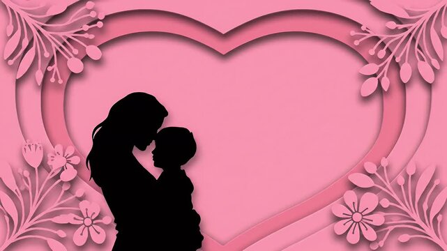 Silhouette of a mother and child, framed by a pink heart and floral design, representing love and motherhood.