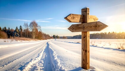 carved wooden signpost along a rural dirt road with snow patches
