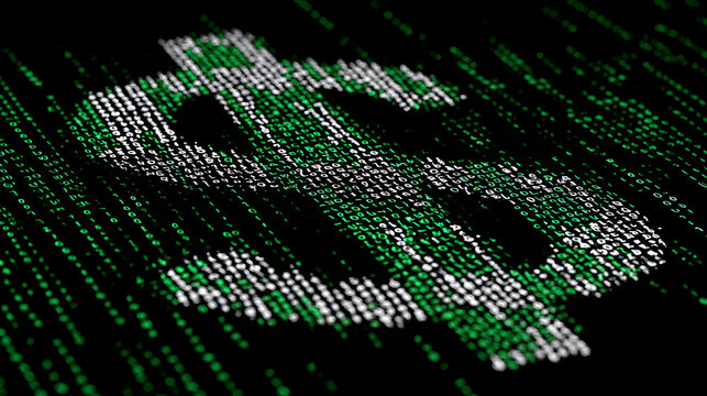 Green white digital binary code matrix pattern with futuristic computer data and web communication illustration in shape of dollar money currency financial background