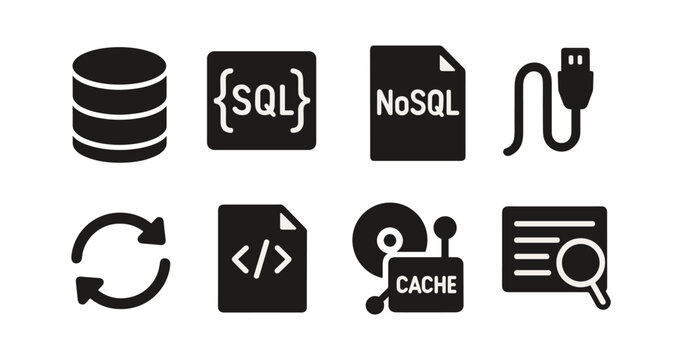 Database technology solid icons. SQL, NoSQL, coding, cache and server symbols