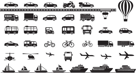 A collection of various transportation methods including cars trucks boats and aircraft in black and white
