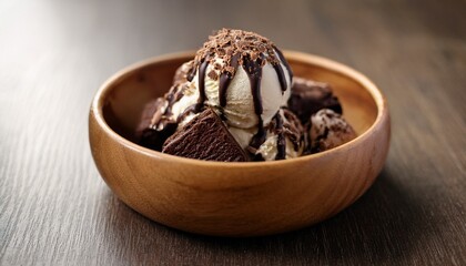 delicious gourmet sundae with chocolate ice cream brownie chunks and rich chocolate sauce served in wooden bowl perfect for dessert lovers