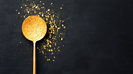 A golden spoon filled with spices or a similar substance, with scattered bits against a dark background, creating a visually appealing contrast.
