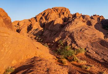 Dramatic aztec sandstone formations around Rainbow Vista trail in Valley of Fire state park north...